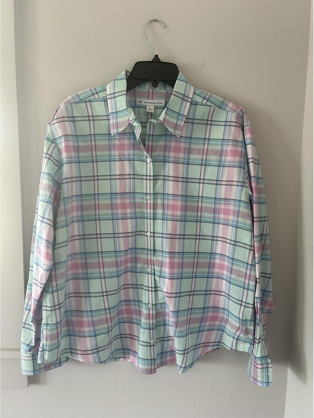 Southern Tide Pastel Plaid Button Up Blouse Women’s Large (New Without Tags)